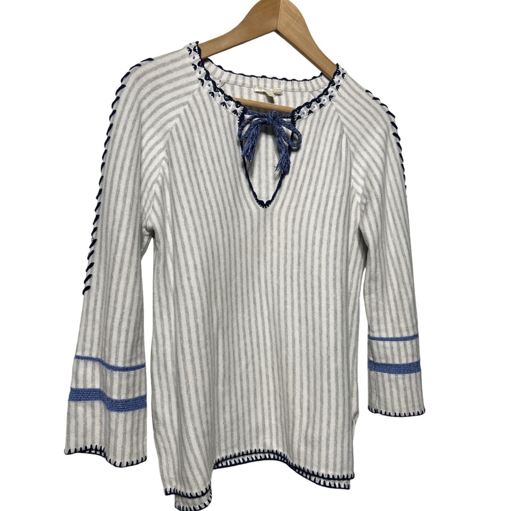 Lisa Todd Striped Knit Sweater Blue Whipstitch Tie Keyhole Neck‎ White  Size M